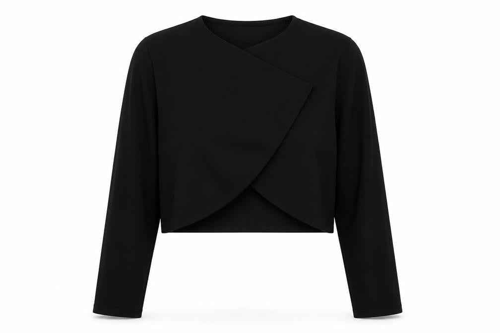 Front view of Debut women’s black polyester wrap blouse, size M, v-neck