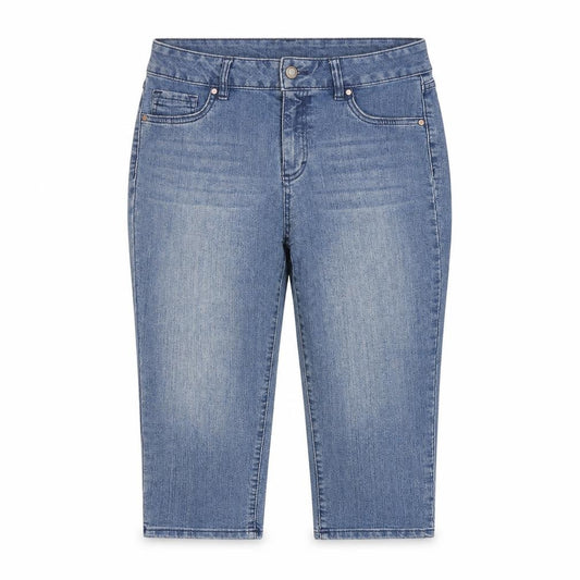 Front view of D.Jeans women’s blue cotton culotte shorts, size UK 8, 18-inch leg regular