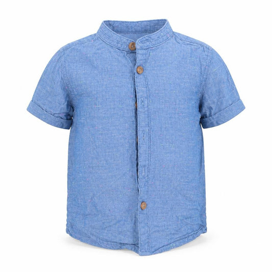 Front view of Primark boys’ blue cotton basic button-up, size 9-12, months round neck