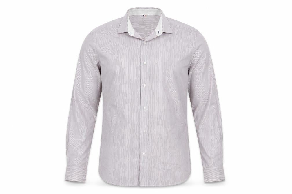 Front view of Next men’s red striped cotton button-up, size 15.5 collared