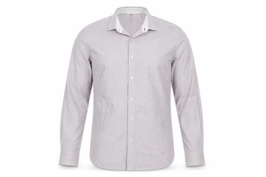 Front view of Next men’s red striped cotton button-up, size 15.5 collared