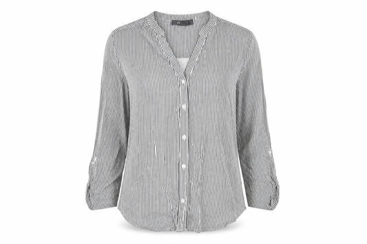 Front view of Primark women’s grey striped viscose basic button-up, size UK 10, v-neck