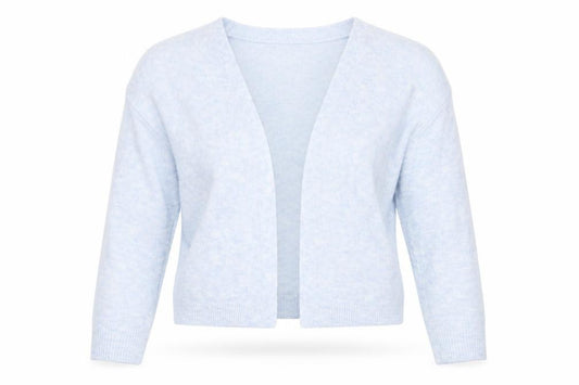 Front view of H&M women’s blue round neck acrylic cardigan jumper, size XS