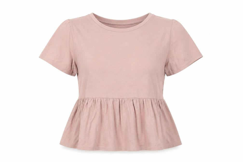 Front view of Newwq Look women’s pink viscose basic blouse, size UK 10, crew neck