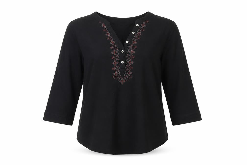 Front view of Bonprix women’s black geometric cotton basic blouse, size M, v-neck