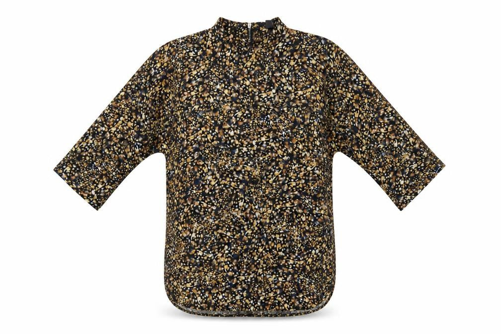 Front view of Primark women’s multicoloured geometric polyester tunic blouse, size UK 6, mock neck