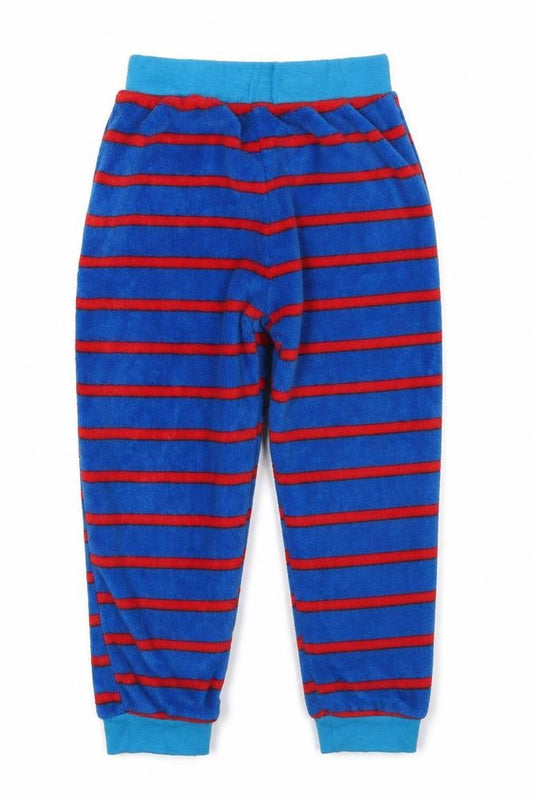 Front view of TJ Morris boys’ blue striped polyester sweatpants, size 5-6, years regular - red pyjama pants