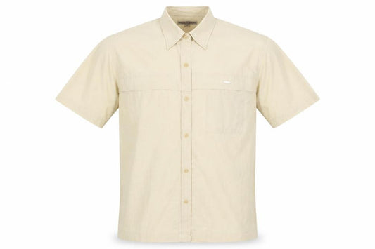 Front view of Urban Stone men’s beige polyester button-up, size M, collared button