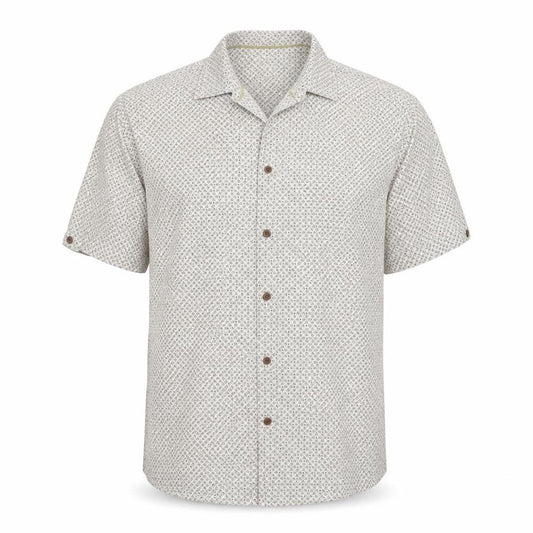 Front view of Matalan men’s beige geometric cotton button-up, size L, collared button