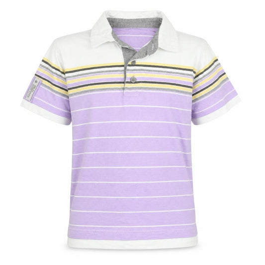 Front view of George boys’ purple striped cotton basic polo, size 5-6, years collared button