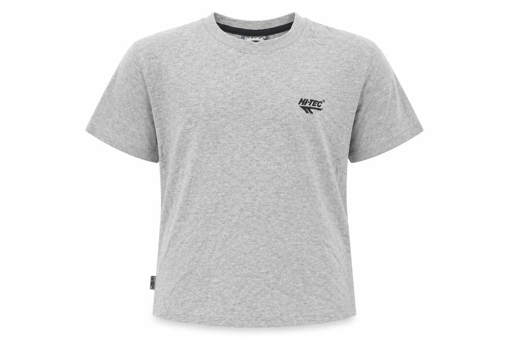 Front view of Hi Tec boys’ grey cotton basic t-shirt, size 5-6, years crew neck pullover