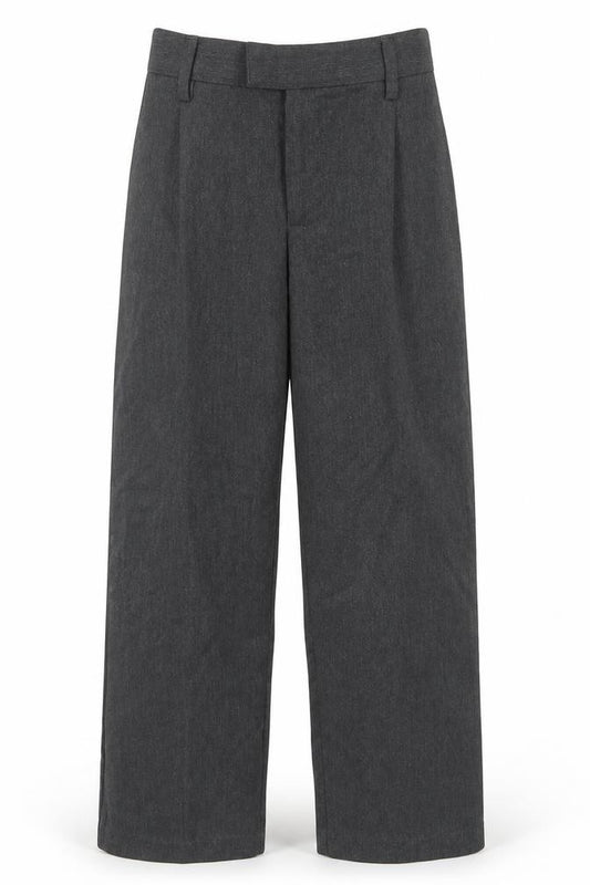 Front view of Marks & Spencer boys’ grey polyester dress pants trousers, size 6-7, years regular hook & eye