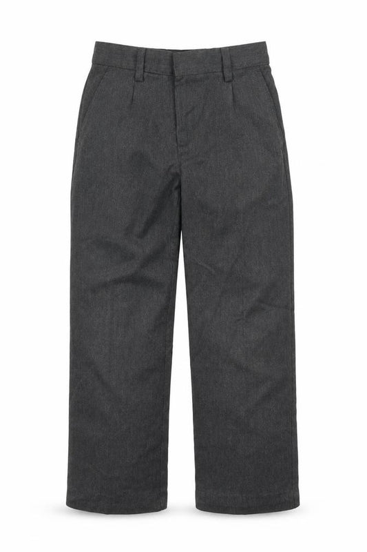 Front view of Marks & Spencer boys’ grey viscose dress pants trousers, size 6-7, years regular hook & eye