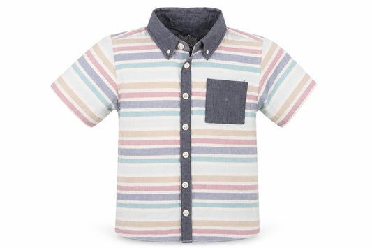 Front view of Matalan boys’ multicoloured striped cotton basic button-up, size 4-5, years collared button