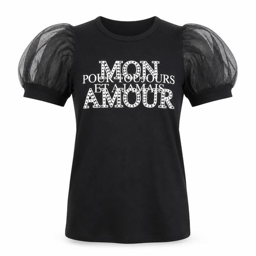 Quiz Womens Black  Cotton Basic T-Shirt Size 8 Crew Neck - Puff Sleeve