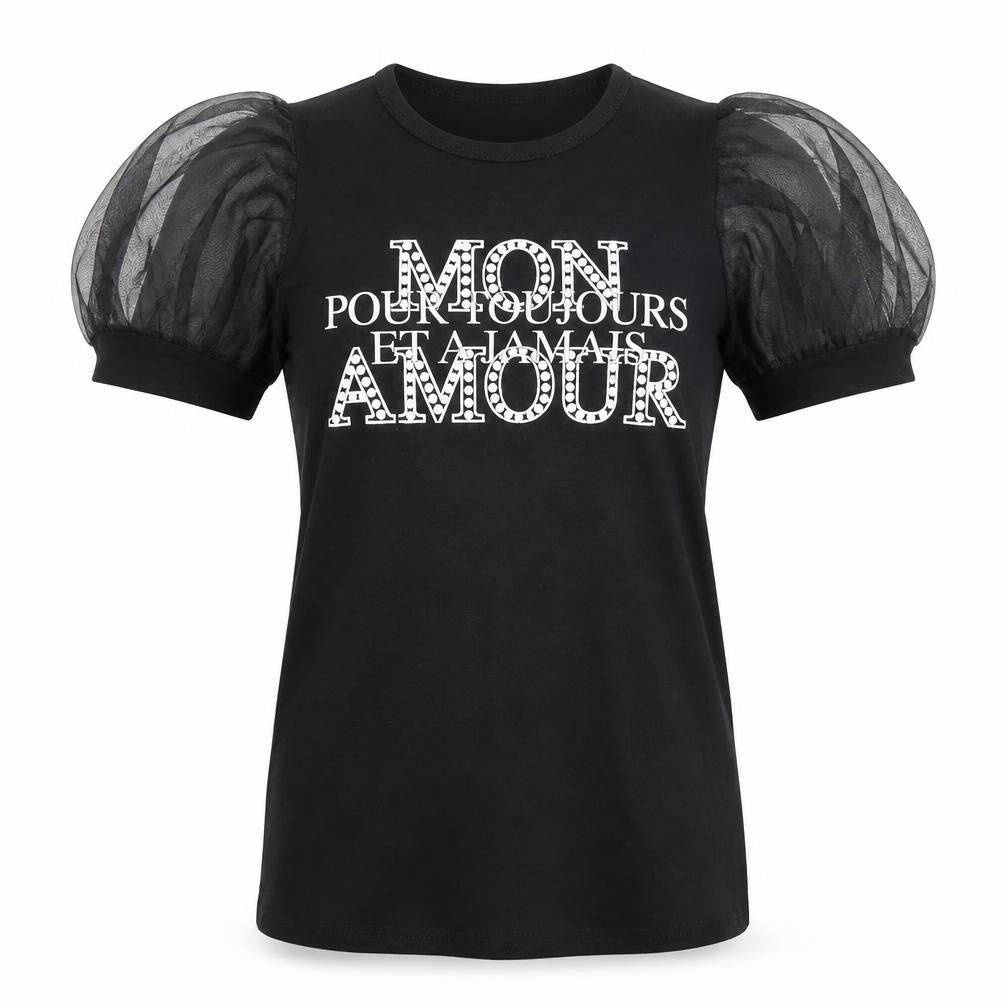 Quiz Womens Black  Cotton Basic T-Shirt Size 8 Crew Neck - Puff Sleeve