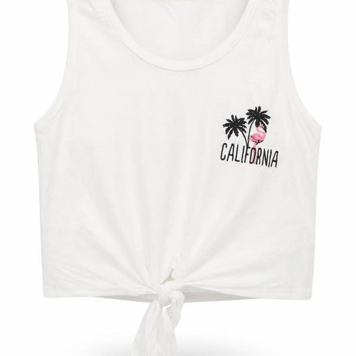 915 Generation Girls White  Cotton Cropped Tank Size 9 Years Round Neck  - Flamingo, Tie front