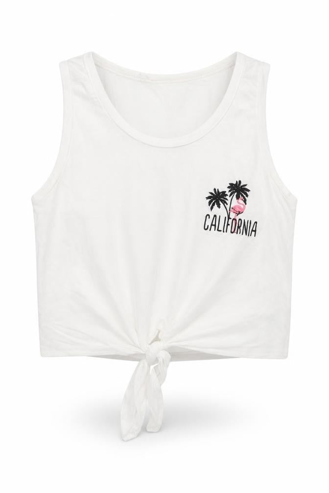 915 Generation Girls White  Cotton Cropped Tank Size 9 Years Round Neck  - Flamingo, Tie front