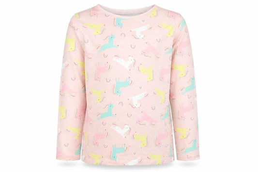 Front view of George girls’ pink cotton basic polo, size 9-10, years crew neck - unicorn print