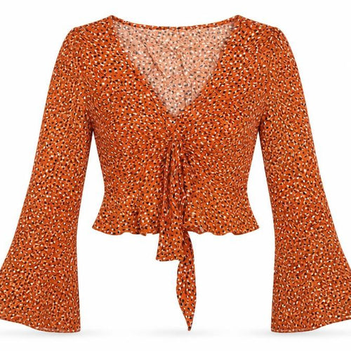 Miss Selfridge Womens Brown Animal Print Viscose Cropped Blouse Size 4 V-Neck - Flare sleeve