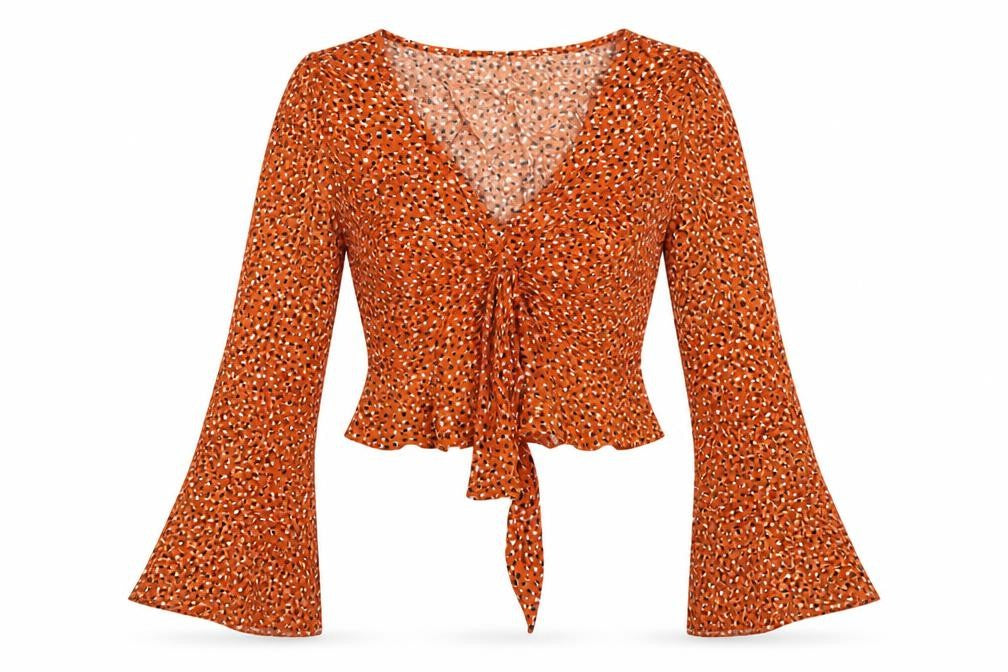 Miss Selfridge Womens Brown Animal Print Viscose Cropped Blouse Size 4 V-Neck - Flare sleeve
