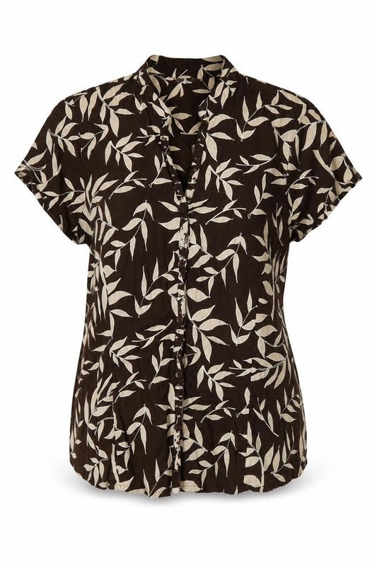 Front view of Evie women’s brown floral cotton basic button-up, size UK 12, v-neck