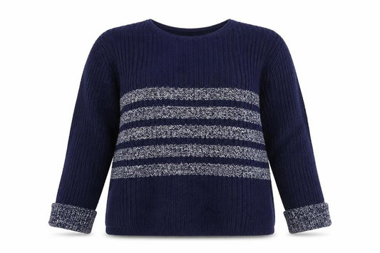 Front view of Papaya women’s blue round neck striped cotton jumper, size UK 12