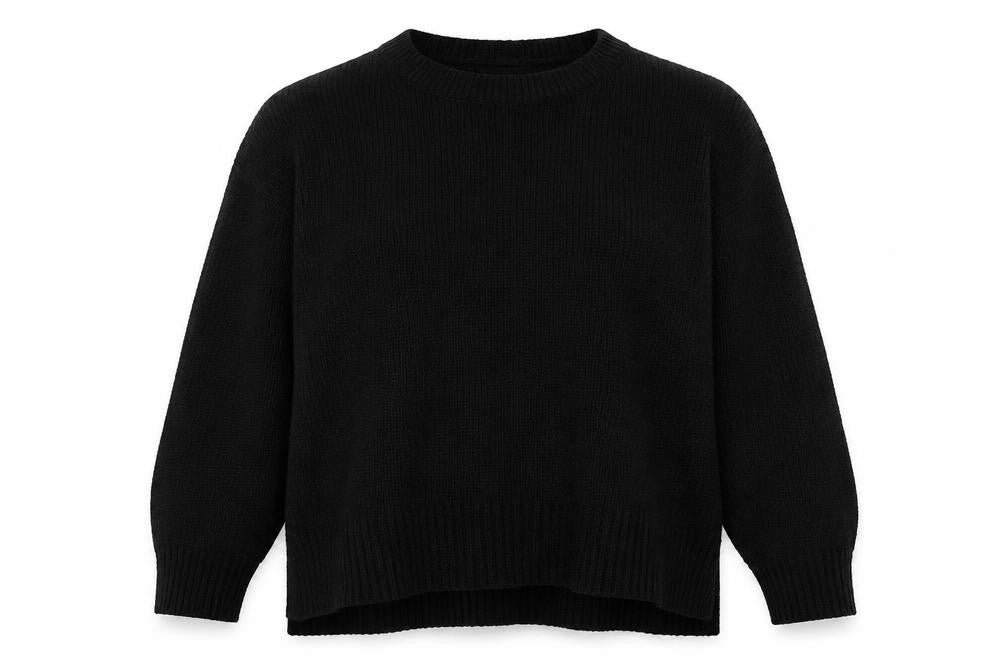 Front view of New Look women’s black acrylic pullover sweatshirt, size L, pullover