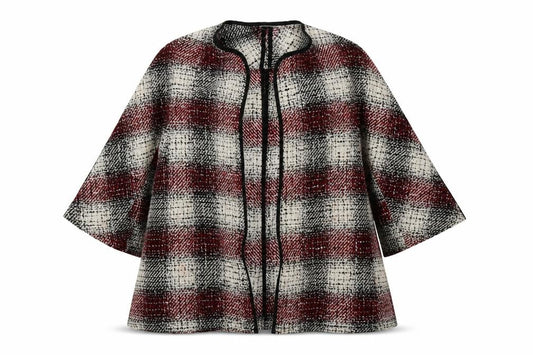 Front view of ASOS women’s red v-neck check acrylic cardigan jumper, size UK 8