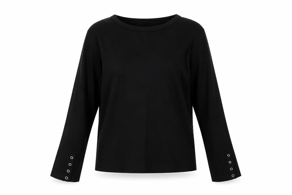 Front view of evie women’s black cotton pullover sweatshirt, size UK 10, pullover