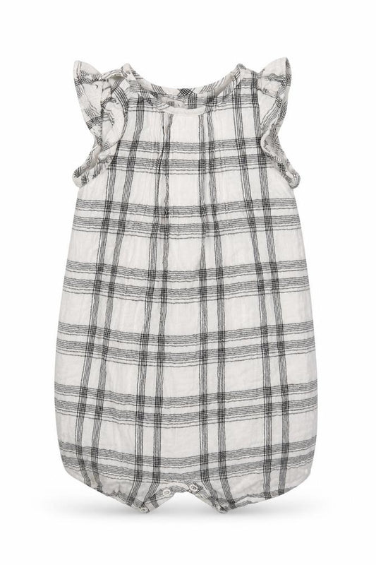 Front view of Next girls’ grey check viscose catsuit one-piece, size 12-18, months buckle