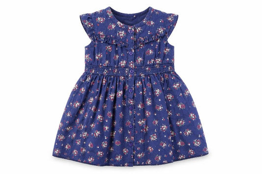Front view of F&F girls’ blue floral cotton a-line, size 6-9, months round neck button