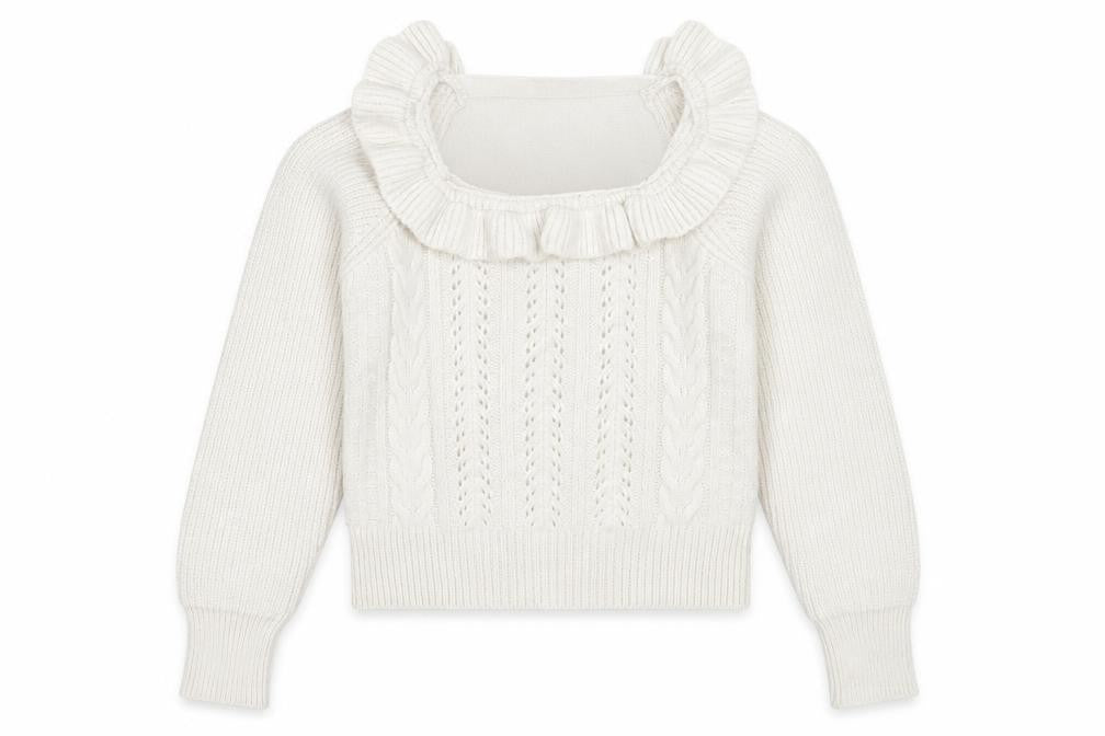 Front view of Miss Selfridge women’s beige square neck acrylic jumper, size UK 6