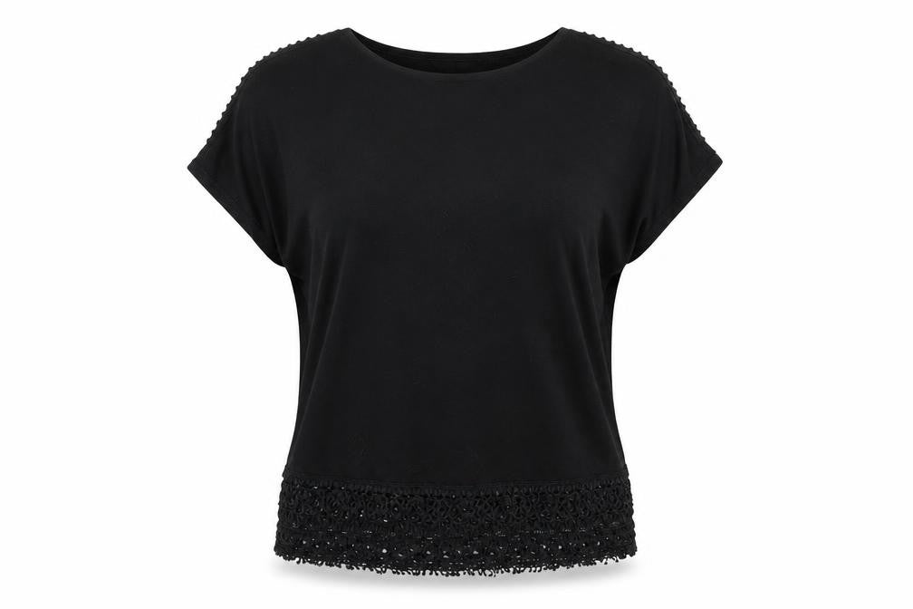 Front view of New Look women’s black polyester basic t-shirt, size UK 6, round neck