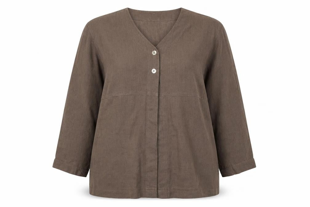 Front view of East women’s brown linen jacket blazer, size UK 12