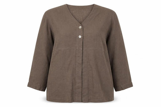 Front view of East women’s brown linen jacket blazer, size UK 12