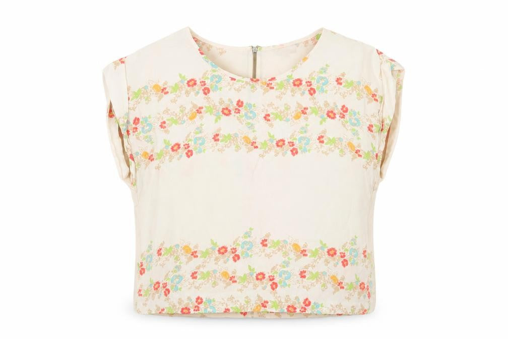 Front view of Topshop women’s ivory floral viscose basic blouse, size UK 6, round neck