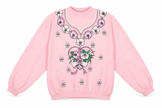 Front view of Gold Belt women’s pink floral acrylic pullover sweatshirt, size L