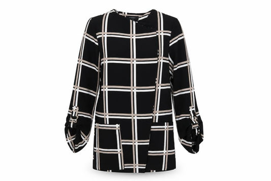 Front view of Primark women’s black check overcoat blazer, size UK 10