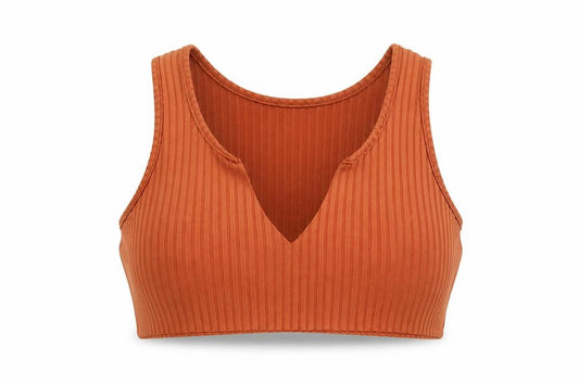 Front view of PRETTYLITTLETHING women’s brown polyester cropped tank, size UK 4, v-neck