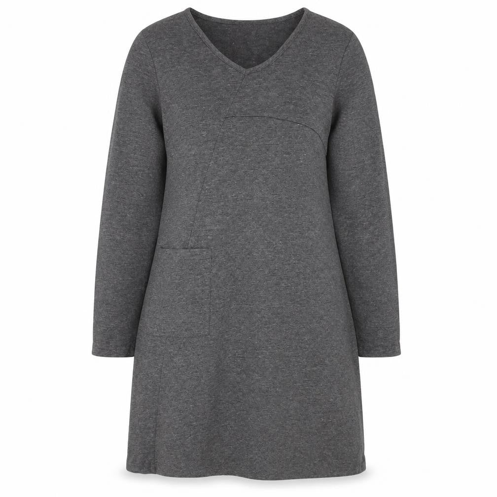 Front view of Zanzea women’s grey cotton blend shift, size S, v-neck