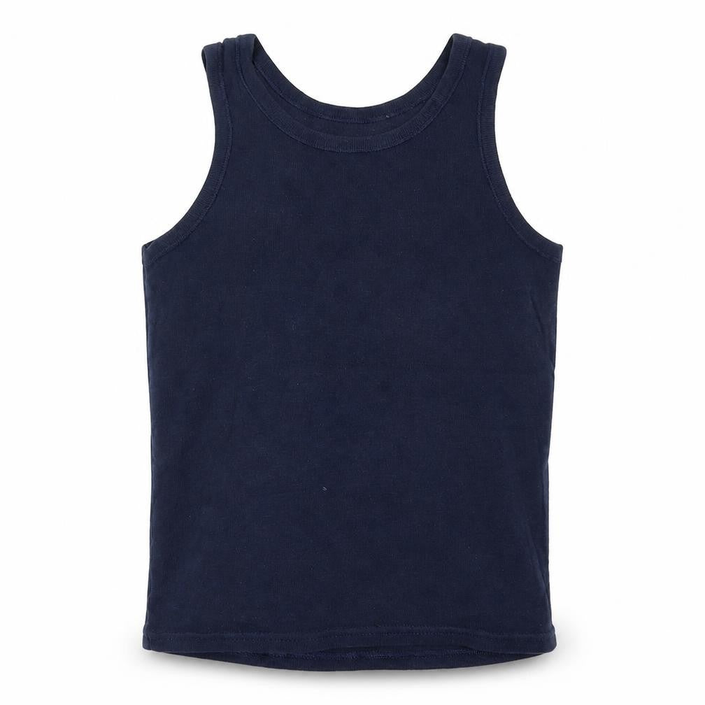 Front view of Marks & Spencer boys’ blue cotton basic tank, size 5-6, years round neck