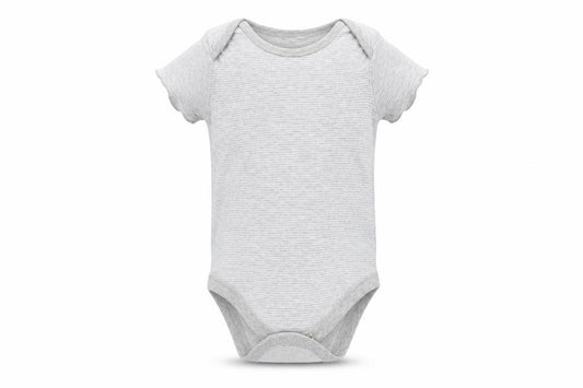 Front view of F&F Baby Grey Striped Cotton Babygrow One-Piece, size 12-18, Months