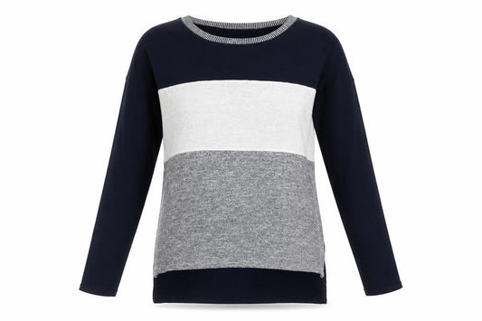 Front view of Oasis women’s blue round neck polyester jumper, size XS