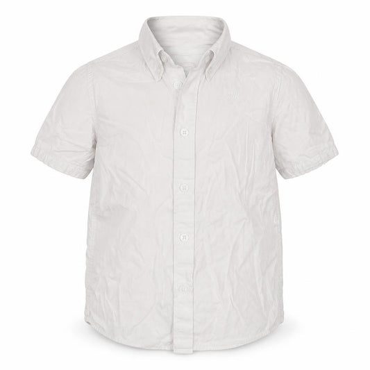 Front view of River Island boys’ white cotton basic button-up, size 5-6, years collared button