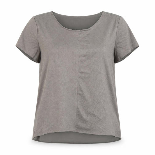 Front view of ecru women’s grey polyester basic t-shirt, size M, scoop neck