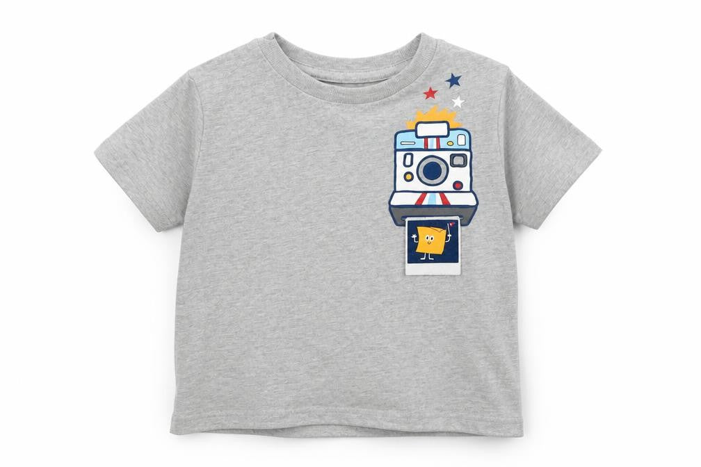 Front view of Gap boys’ grey cotton basic t-shirt, size 3, years round neck pullover - polaroid camera