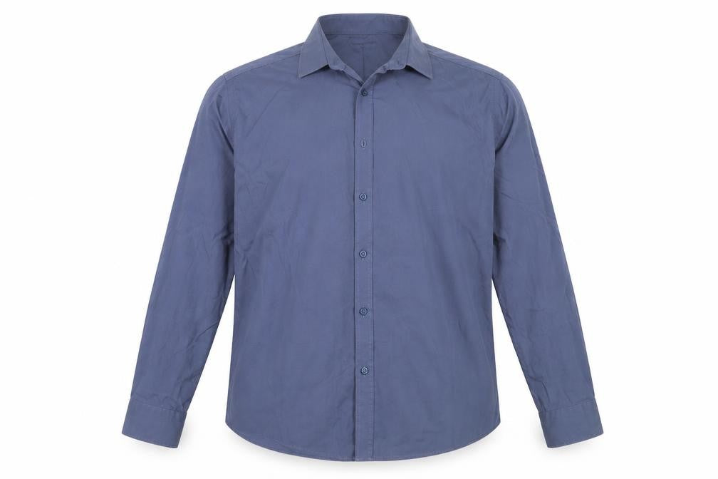 Front view of River Island men’s blue cotton button-up, size L, collared