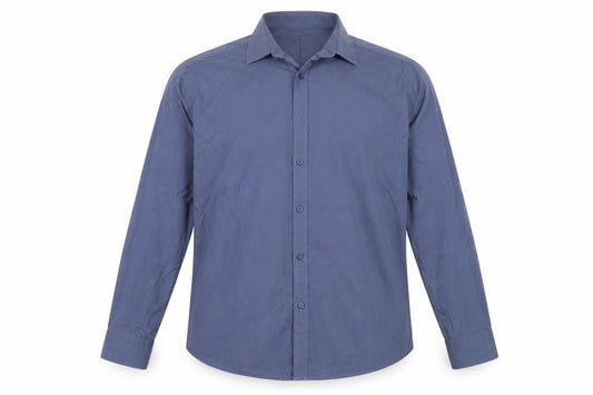 Front view of River Island men’s blue cotton button-up, size L, collared