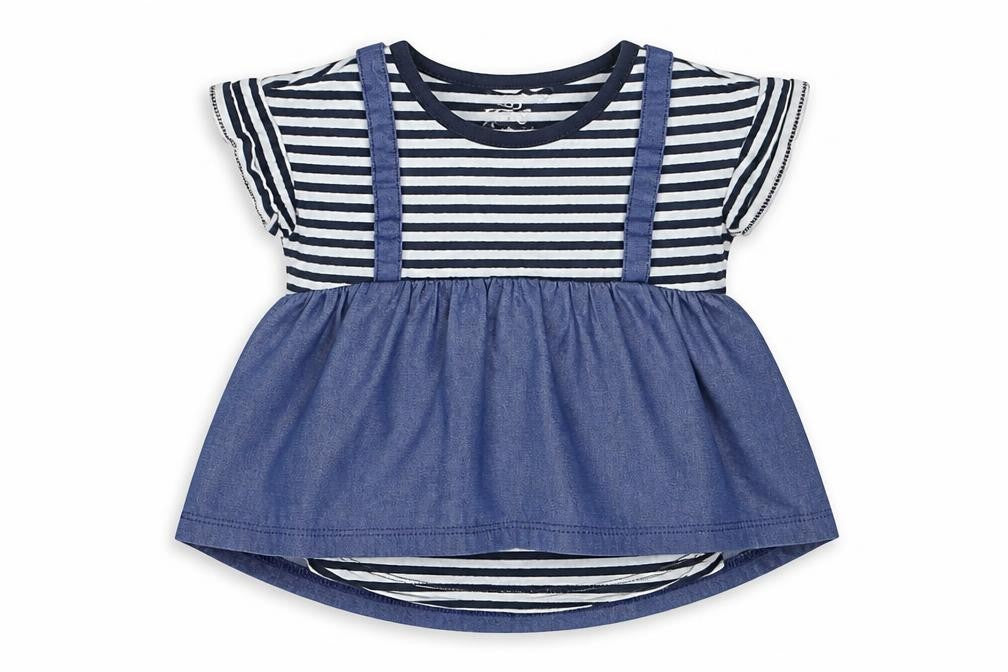 Pep&Co Girls Blue Striped Cotton Basic T-Shirt Size 2-3 Years Round Neck